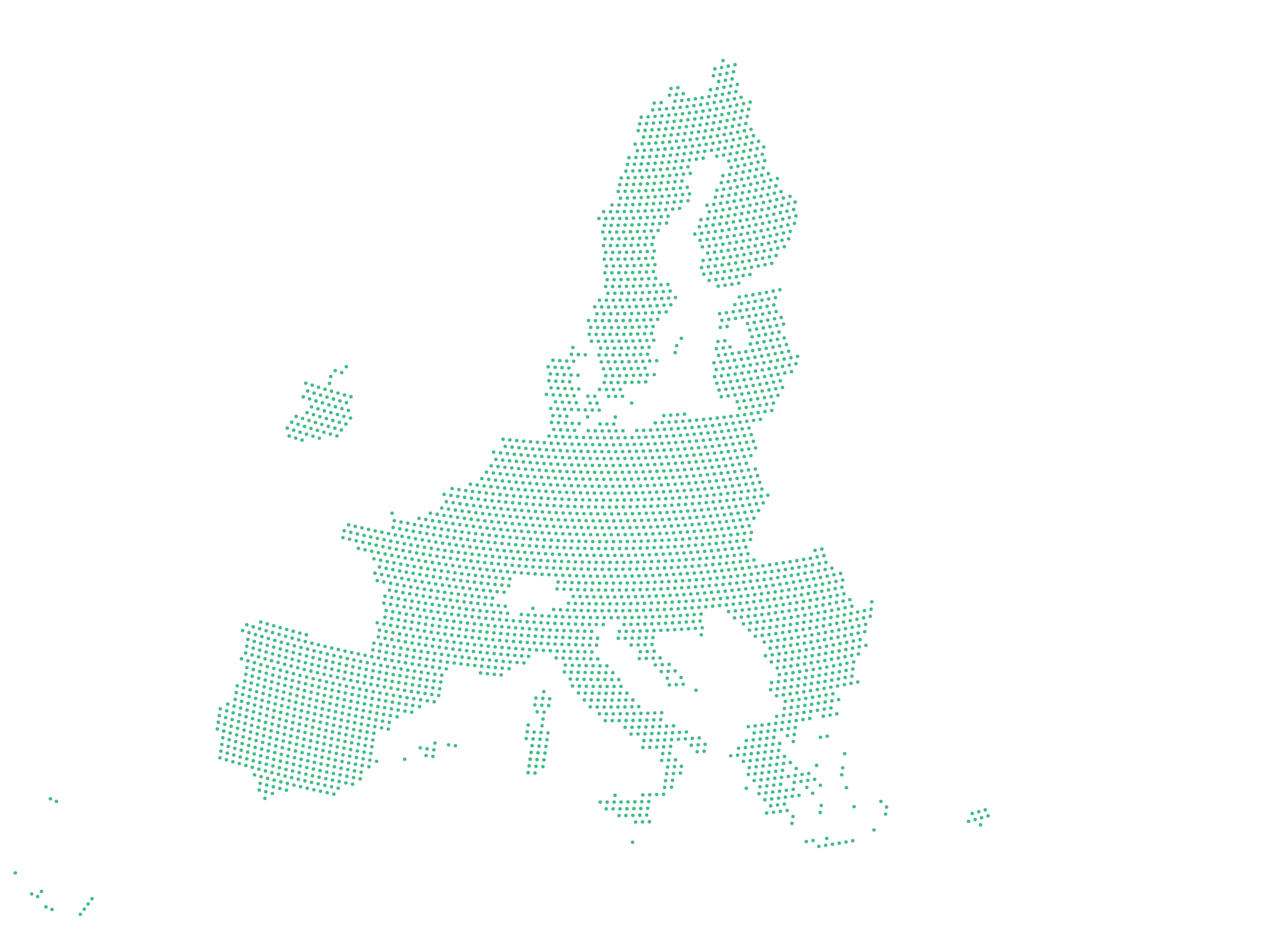 A dotted map of Europe with the 27 EU member states lit green